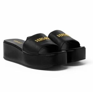 Versace Women's Black Gold Logo Nappa Leather Platform 55 mm Mules Size 9